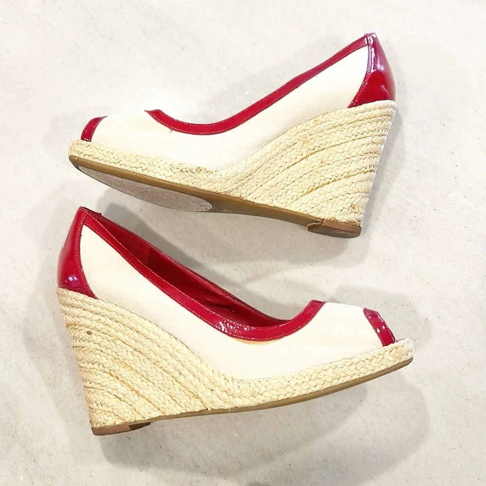 Enzo Angiolini Wedges Espadrille red and tan Patent Leather heels size 7.5